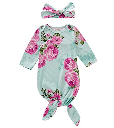Baby Gown Heaadband Set, Baby Girl Long Sleeve Sleepwear Pajamas Robe Layette Clothes Sleeping Bag (0-6months, Green)
