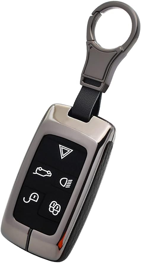 SANRILY Black Leather Metal Key Fob Cover Case for Land Rover Discovery Range Sport Evoque Jaguar XF 2021 with Keychains-Keyless