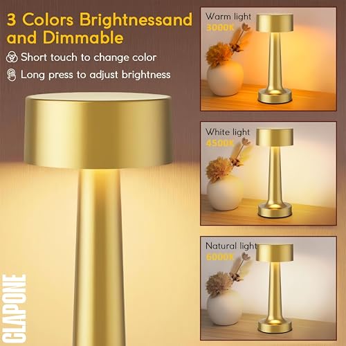 Image of CLAPONE LED Table Lamp - Touch Control with 3 Brightness Levels & 3 Color Modes | Rechargeable Metal Desk Lamp for Bedroom, Nightstand, Living Room, Office & Study Table (Glod, 1 Pcs)