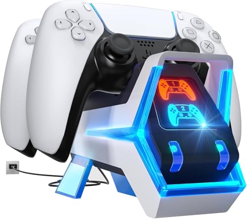 Fenolical Estación de Carga para Mando PS5, Adaptador AC de Carga rápida 5V/3A, Accesorios de estación de Carga Doble Playstation5 Estilo Perro electrónico con indicador LED, Azul/Blanco