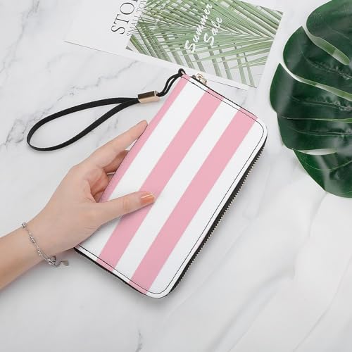 Horizontal Light Pink And White Stripes PU Leather Clutch Long Bifold Wallet, Coin Purse Credit Pass Case, Durable Card-Holder Money Storage for Women Men4
