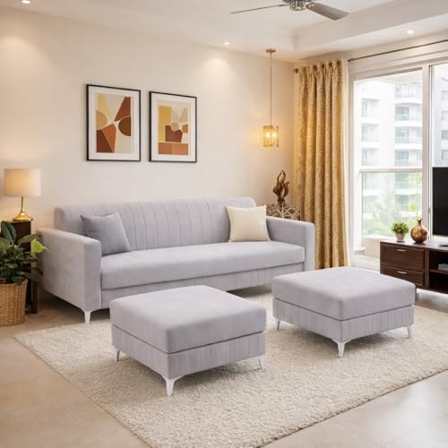 Image of Amelia 5 Seater L Shape Sofa Set with 2 Movable Ottomans | Flexible Layout | Rich Velvet Suede Fabric | Silver Legs | Spacious Seating | Modern Sofa for Living Room (Light Grey)