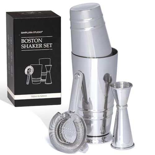 Premium 4-Piece Boston Cocktail Shaker Set w/Hawthorne Strainer & Japanese Jigger Stainless Steel 304- Weighted Cocktail Set - Boston Shaker Set - Bartender Shaker - Shaker for Cocktails