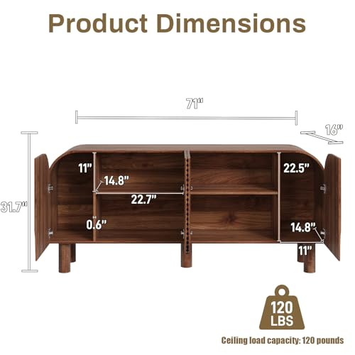 Image of 71 inch Curved Sideboard Cabinet with Storage, 4-Door Buffet Credenza, Walnut | Large wood credenza features four textured arched doors, roomy storage, and anti-tip hardware for dining rooms and entryways