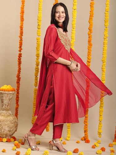 Image of GoSriKi Women's Rayon Viscose Embroidered Straight Kurta with Pant & Dupatta