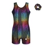 Destira Paris Nights Gymnastics Unitard for Girls, Glitter Rainbow Foil Fabric Biketard with Matching Scrunchie, Child Girls 10 (10)