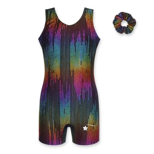 Destira Paris Nights Gymnastics Unitard for Girls, Glitter Rainbow Foil Fabric Biketard with Matching Scrunchie, Child Girls 10 (10)