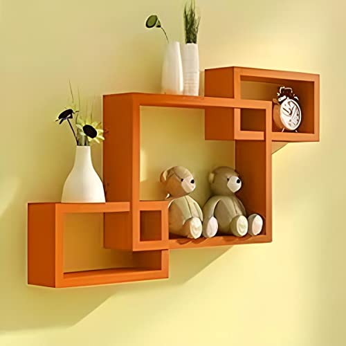Image of Wooden handicrafts Dazzling Wall Rack Shelves Set MDF -Medium Density Fiber Home Decoration Wall Decor (Orange, Interlock 3)