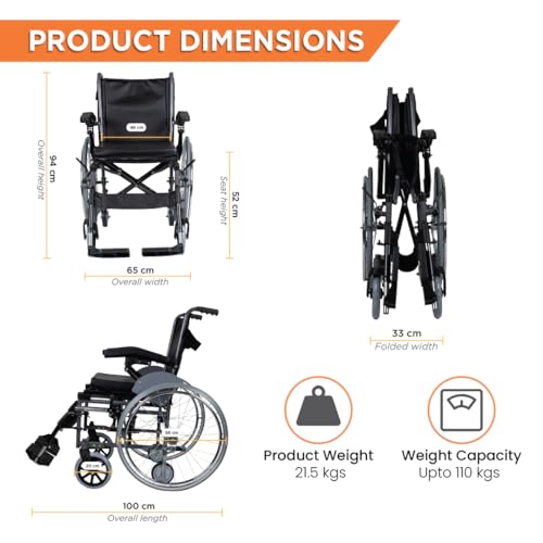 Image of Vissco Imperio Wheelchair with Removable Big Wheels (Spoke), Foldable, Swingable Armrest, Weight Bearing Capacity 110kg, Color (Blue /Grey)
