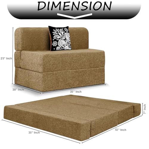 Image of Rosebell One Seater Sofa Cum Bed | Jute Fabric Washable Cover | with Cushions Perfect for Guest | Golden-Color | 3' X 6' Feet
