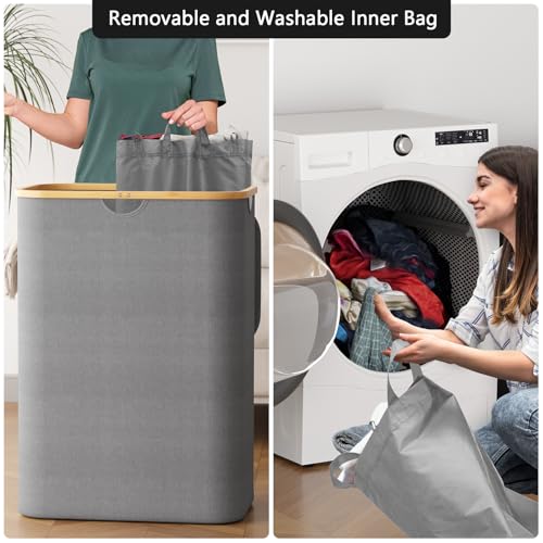 SpaceAid Double Laundry Hamper 2 Section with Lid and Removable Laundry Bags, 160L Clothes Basket with Bamboo Handles, Large Collapsible Hamper for Bedroom, Bathroom, Dorm, Laundry Room - Grey