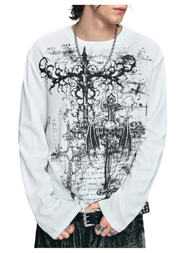 Milumia Men's Y2k Gothic Graphic Tees Long Sleeve Crewneck T Shirt Top Loose Pullover Sweatshirts White Medium