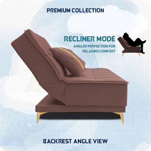 Image of Adorn India Premium New Alyssum 3 Seater Sofa Cum Bed 4X6 Velvet Suede with 2 Cushions (Color Pink) and Suitable for All Indoor, with 3 Years Warranty