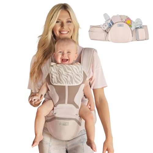 Image of MOMTORY StowNGO Pro Safety-Certified Ultra Storage Baby Carrier, Soft Pink | Plus Size Friendly, 6 Carry Positions, Front & Back, Baby Carrier With Hipseat, Fits 7-50lbs Newborn To Toddler