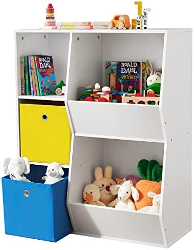 SONGMICS Toy Storage Organizer, with Compartments, Shelves and Fabric Bins, for Kids Room, Playroom, White