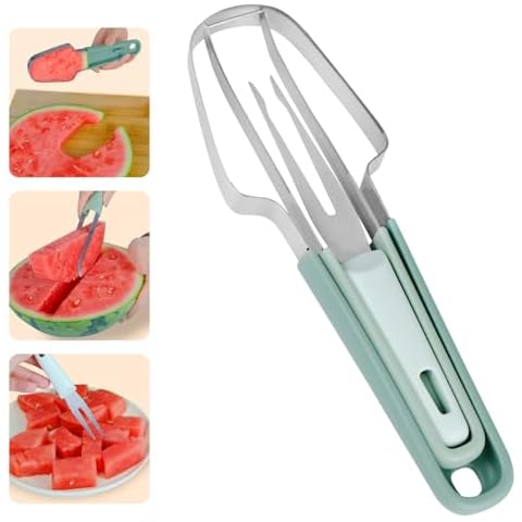 3-in-1 Watermelon Cutter Slicer Tool, Stainless Steel Watermelon Cutter, Popsicle Mold Watermelon Slicer, Watermelon Fork Slicer Cutter, Portability Fruit Fork for Camping Kitchen Gadgets (Green) Cover