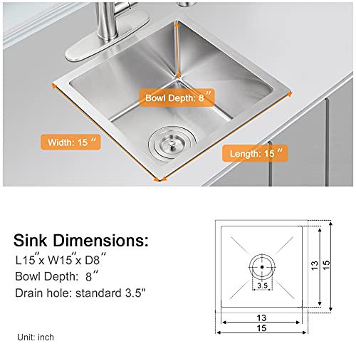 Bar Sink, Rovate 15 X 15 Inch Undermount Bar Or Prep Kitchen Sink, Handmade Single Bowl T-304 Stainless Steel Small Sink With Strainer #TOP2