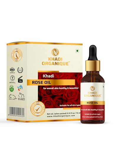 Image of Khadi Organique Rose Essential Oil for Hair Growth, Acne & Blemishes Control | 100% Pure & Natural Oil for Skin, Body, Diffuser, Aromatherapy & Relaxation | For Women & Men of All Skin Types - 15ml