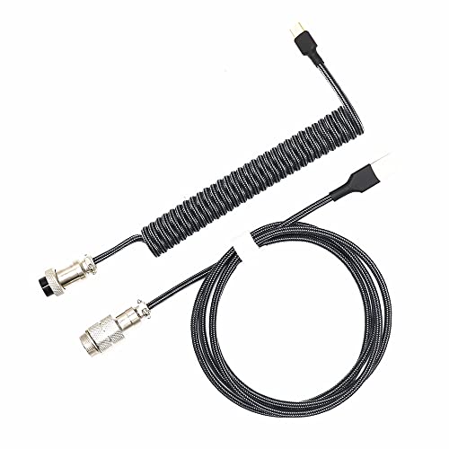 Angitu Handmade Thicker Reversed Coil Keyboard USB Type C Coiled Cable L Shape Single Layer Sleeved Silver GX16 Elastic Cable 1.