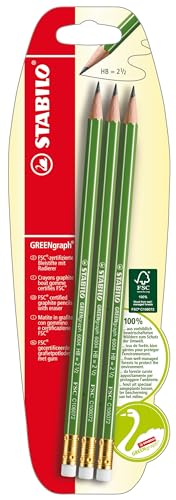STABILO - Umweltfreundlicher Bleistift mit Radierer - GREENgraph - 3er Pack - Härtegrad HB