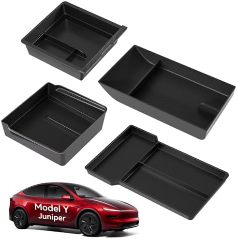 4 Pcs Tesla Model Y 2025-2026 Juniper Mittelkonsole Organizer [Unterteilte Ablage Doppellagig] Smooth Slide Technology Aufbewahrungsbox Armlehnenablage Zubehör für Model Y Juniper