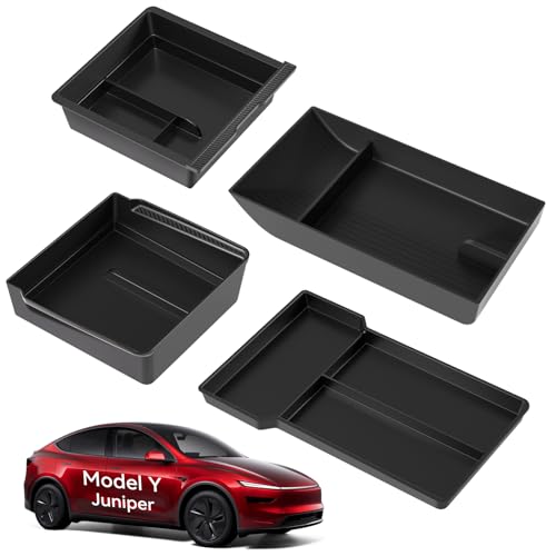 4 Pcs Tesla Model Y 2025-2026 Juniper Mittelkonsole Organizer [Unterteilte Ablage Doppellagig] Smooth Slide Technology Aufbewahrungsbox Armlehnenablage Zubehör für Model Y Juniper (Schwarz)