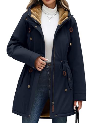 CMTOP Winterjacke Damen Wasserdicht Warme Kordelzug Parka Fleece Gefüttert Wintermantel mit Kapuze Lässiger Dicke Kapuzenjacke Winddicht Zip Outdoorjacke mit...