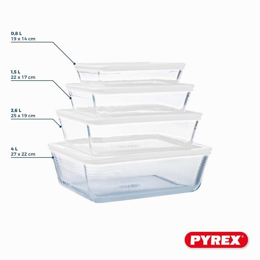Pyrex® - Cook & Freeze - Juego de 4 platos rectangulares de cristal con tapa hermética - Especial congelador - Seguro para usar en el horno y el congelador - Libre de BPA