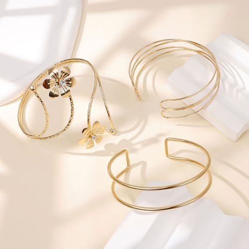 REVOLIA 3Pcs Arm Cuff Bracelet Gold Upper Arm Band Cuff for Women Adjustable Arm Cuff Bangle Bracelet Minimalist Coil Flower Armlet Armband Jewelry Set2