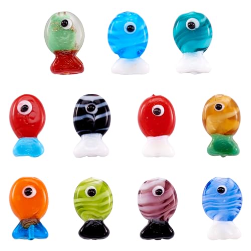 Crafans 22Pcs Fish Lampwork Beads - 11 Colors, Glass, Fish Shape, Craft Beads