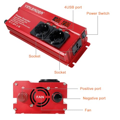 Przetwornica napięcia 12 V, 230 V, 1000 W/2000 W, falownik z 2 gniazdami i 4 wskaźnikami napięcia LED USB