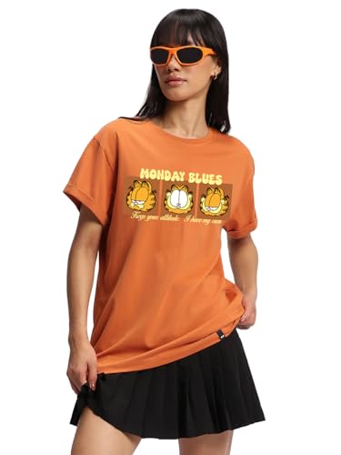 Image of Bewakoof X Official Garfield Merchandise Women's Selective Participation Graphic Printed 100% Cotton T-Shirt - Boyfriend Fit, Round Neck, Half Sleeves, Loose Fit