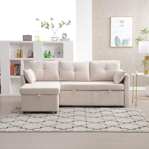 Sofá Cama 3 Plazas,Sofá Cama Esquinero en L con Asientos de Almacenamiento,Sofá Cama Chaise Longue Esquinero Reversible Izquierda o Derecha,Sofa Modular 3 en 1 (poliéster, Beige)