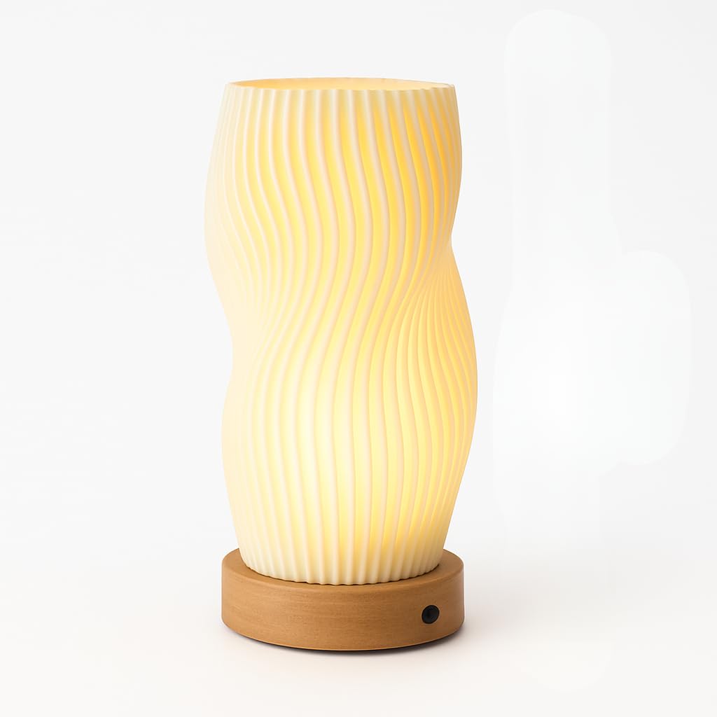 Mini Table Lamp USB Powered, 21.5cm Small Bedside Lamp with Warm Light, Spiral Pleated Shade, Wooden Base