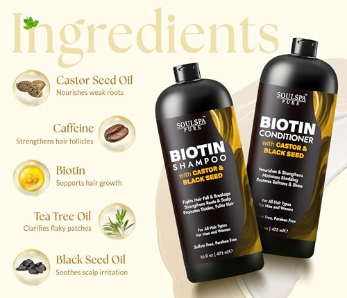 Image of SOULSPA PURE Castor Oil & Black Seed Biotin Shampoo and Conditioner Set - Sulfate Free Nourishing Formula for Thinning Hair & Dry Scalp - Deep Moisture for Men & Women - 16 fl oz Each