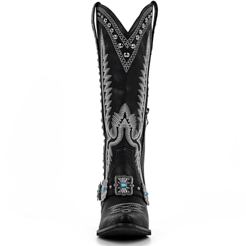 Yolkomo Cowboy Boots for Women Knee High Western Cowgirl Boots with Embroidery Belt Buckle Chains3