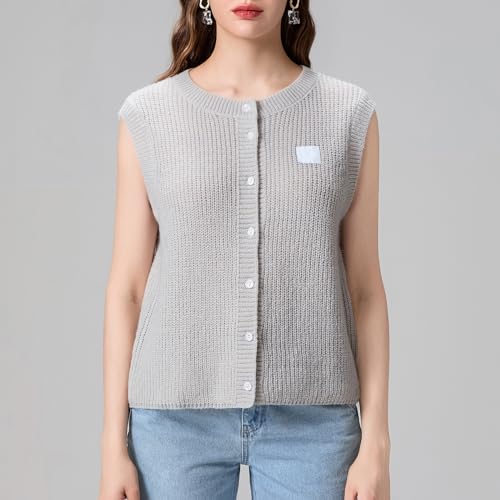 Image of Women Chunky Button Sweater Vest Sleeveless Round Neck Rib Knitted Tank Top Y2k Knitted Cardigan Vest Shirt