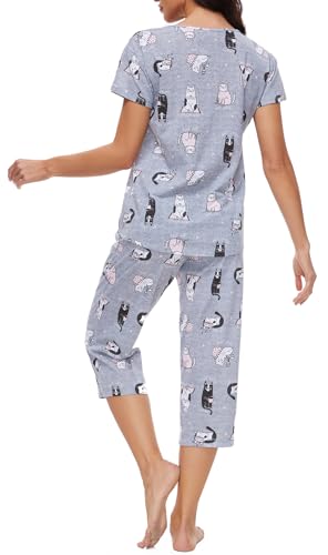 Image of CHUNG Women Cotton Pajama Sets Sleepwear pjs Short Sleeve Shirt Capri Length Crop Pants Cute Vivid Print
