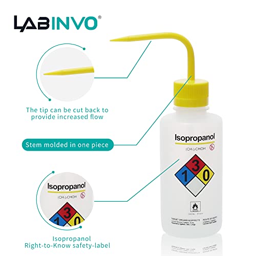 LABINVO 4pcs of Isopropanol Wash Bottles, Vol.500ml (17oz), Narrow Mouth, Self-Venting Safety Wash Bottles, LDPE Material, IN-WBI500
