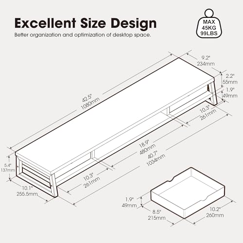 Image of Fenge Dual Monitor Stand, Monitor Riser with Drawer, 42.5 Inch Large Computer Monitor Stand for 2 Monitors, 2 Tier Wooden Desk Shelf for Top of Desk