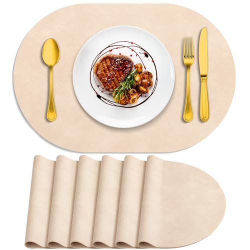 ADRIMER Placemats, Heat Resistant Oval Placemats Set of 6 Washable 12 x 17 Inch, Waterproof Table Mats, Wipeable Pu Place Mats for Kitchen, Dining Room, Beige