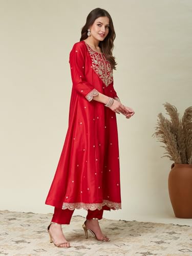 Image of MOKOSH Women's Silk Embroidered Anarkali Kurta And Pant With Dupatta Set
