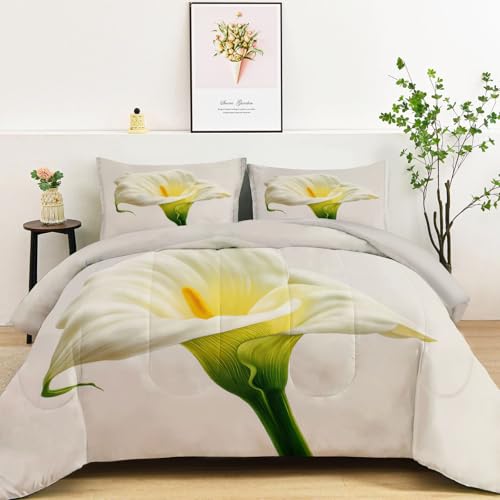 Couette 200x200 en microfibre douce blanche avec imprimé floral fleurs de calla