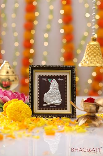 Image of 999 Pure Silver Laddu Gopal Frame for Home & Office | Premium Silver | Pooja Room & Wall Decor | Housewarming, Wedding & Festival Gifts | Certificate Included| Tabletop Size 5.5x5 inch