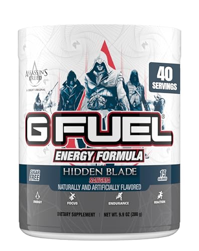 Image of G Fuel Assassin's Creed Hidden Blade Energy Drink Powder, Pre Workout Caffeine Mix for Gaming, Sugar Free Focus Amino, Vitamin + Antioxidants, 9.9oz (Sangria, 40 Servings)