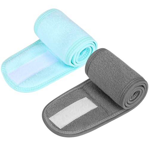 2 Pieces Spa Headband With Adjustable Magic Sticker for Washing Face Makeup, Skincare - Reusable Hair Band for Women (Gray, Blue)