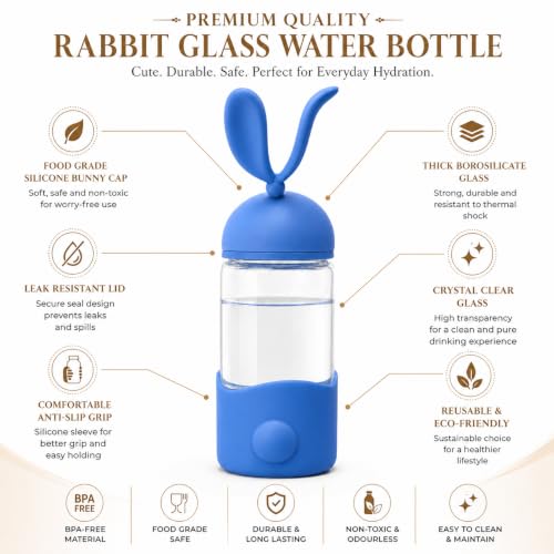 Image of Fieety Water Bottle Glass for Office Women & Men, Glass Bottle for Fridge, Leak-Resistant Glass Sipper Bottle, Reusable Bottle for Home, Gym & Travel (Rabbit Ear)