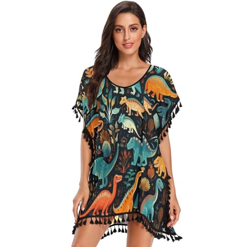 Black Art Colorful Dinosaurs Women's Beach Cover Up Chiffon Tassel Swimwear Swimsuit Coverups for Girl