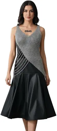 Women’s Silver Chainmail Crop Top Dress – Metal Mesh V-Neck Sleeveless Clubwear