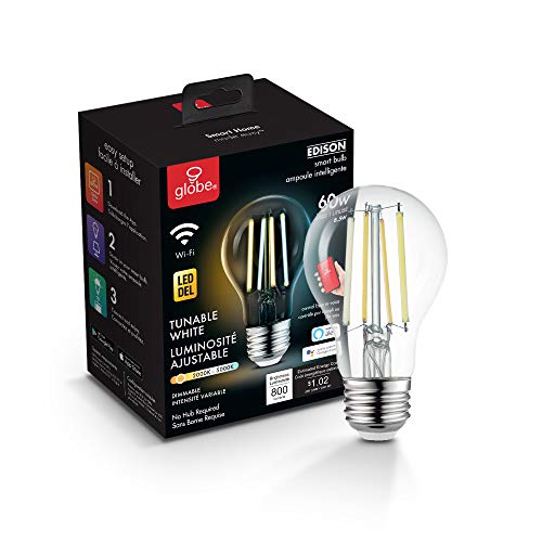 Globe Electric Globe Smart Collection Wi-Fi 8.5W Straight Filament Tunable LED Light Bulb, No Hub Required, Voice Activated, 2000K-5000K, Vintage Edison Style, A19 Shape, E26 Base 34921, A19, Clear by Globe Electric - Used condition - CA$9.39